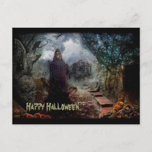 Creepy Haunted House and its Ghost Owner - Macabre Postcard