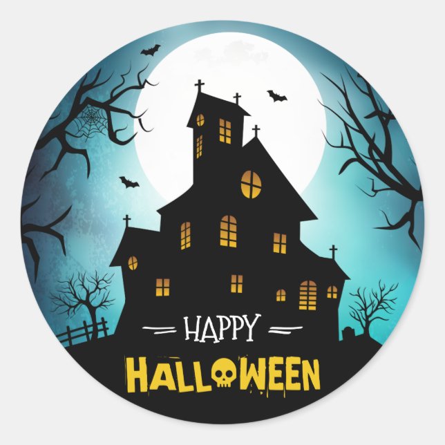 Creepy Haunted House Blue Sky Moon Happy Halloween Classic Round Sticker (Front)