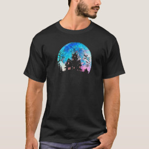 Creepy Haunted House & Spooky Watercolor Full Moon T-Shirt