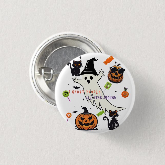 Creepy 'I Ghost People' Button - Halloween Cat Pin (Front & Back)