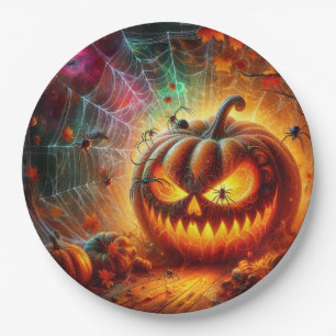Creepy Jack-o-lantern and Spiders  Paper Plate