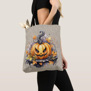 Creepy Jack-O' Lantern Burlap Halloween Tote Bag
