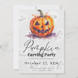 Creepy Jack-O' Lantern Grey Pumpkin Carving Party Invitation