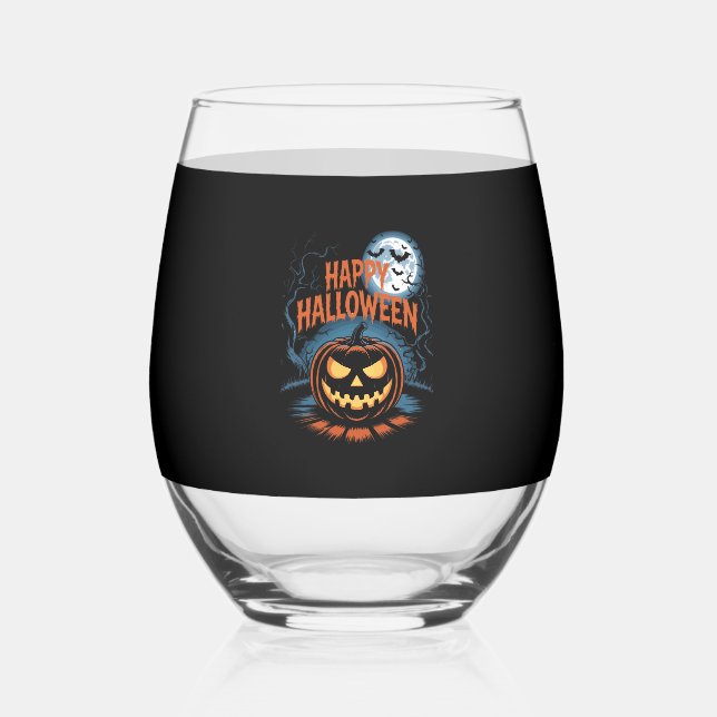 Creepy Jack O� Lantern Halloween Stemless Wine Glass (Front)