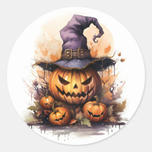 Creepy Jack-O-Lantern with Witches Hat Classic Round Sticker
