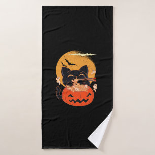 Creepy Kawaii Cat Eating Worms Ramen Noodles Hallo Bath Towel