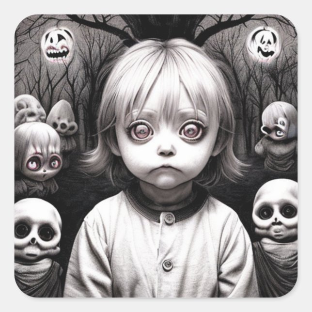 Creepy Little Girls, Dolls and Skulls Halloween Square Sticker (Front)