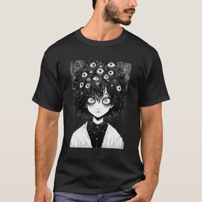 Creepy Manga Girl Scary Eyes Horror Halloween Frig T-Shirt (Front)