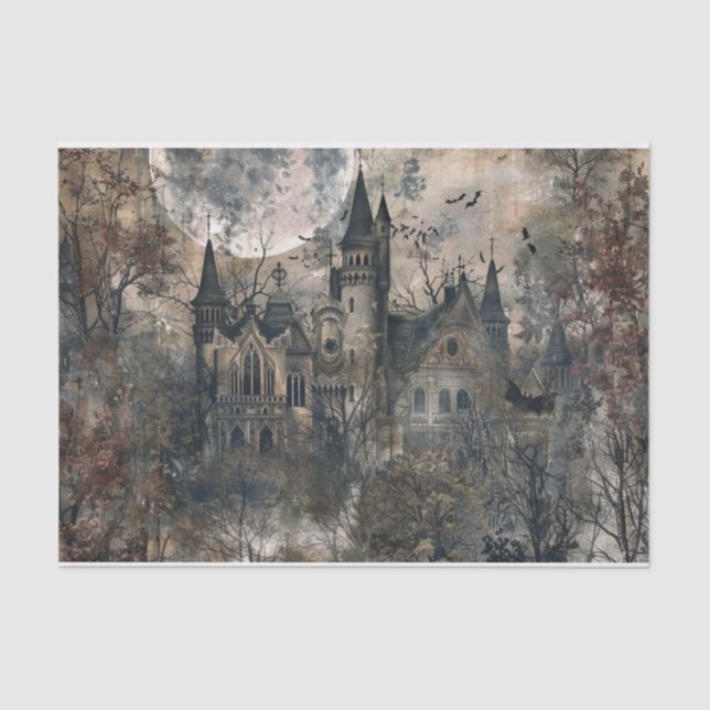 Creepy Mansion Spooky Bat Halloween Moon Decoupage Tissue Paper (Front)