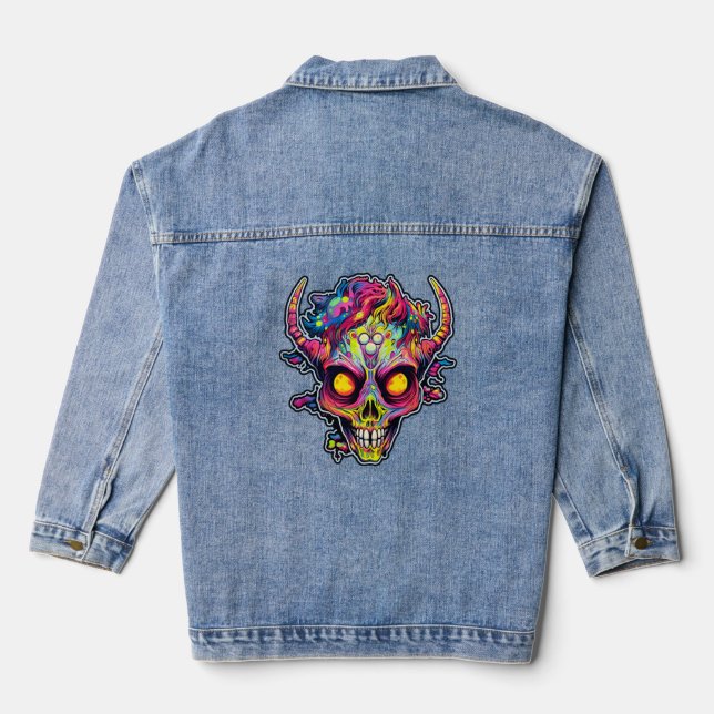 Creepy neon skull demon denim jacket (Back)