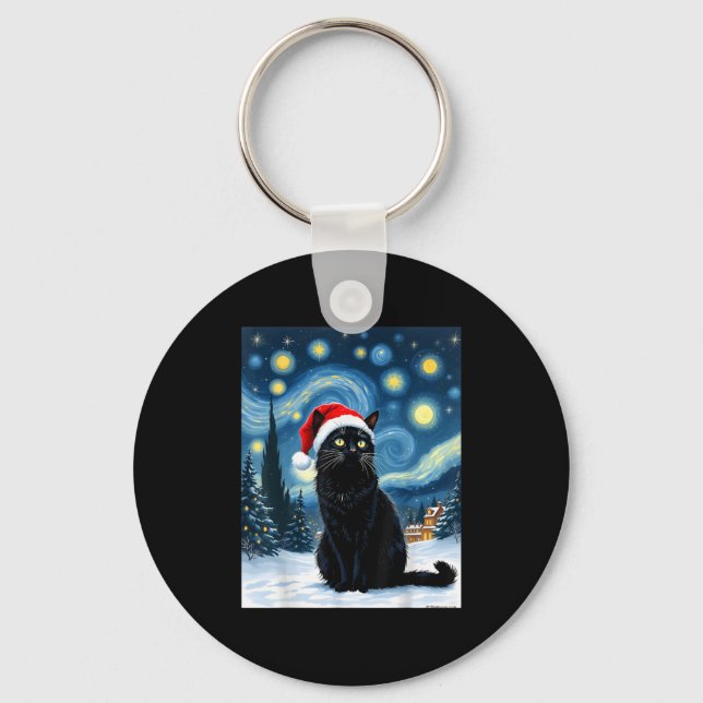 Creepy Night Black Meow In Santa Hat Christmas Men Keychain (Front)