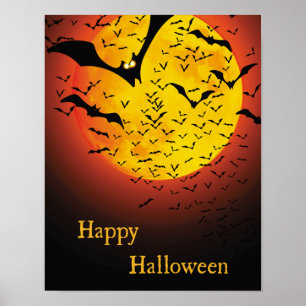 Creepy Orange Moon and Bat Halloween Poster