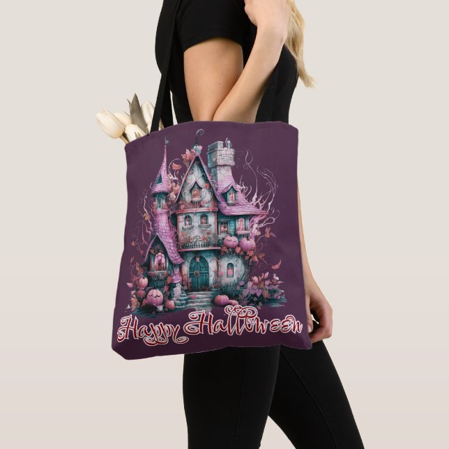 Creepy Pink and Grey Haunted House Happy Halloween Tote Bag (Close Up)