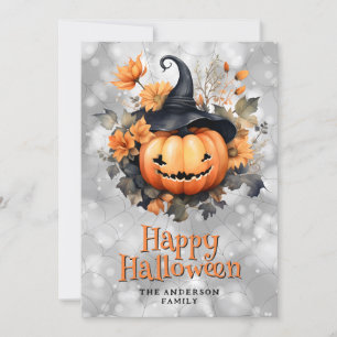 Creepy Pumpkin In A Black Hat Happy Halloween Card