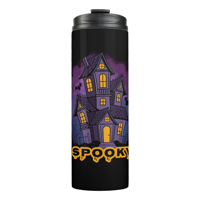 Creepy Purple Mansion Spooky Haunted House Thermal Tumbler (Front)