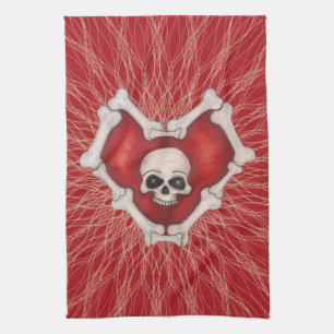 Creepy Red Heart With White Bones Skull Spirals Kitchen Towel