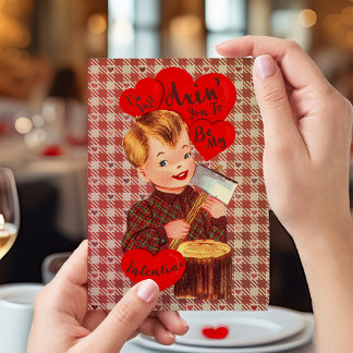 Creepy Retro Valentines Day Vintage Boy with Axe Holiday Postcard