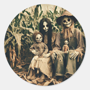 Creepy Scarecrow family in cornfield horror photo Classic Round Sticker