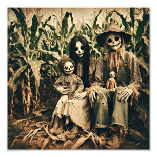 Creepy Scarecrow family in cornfield horror photo Print