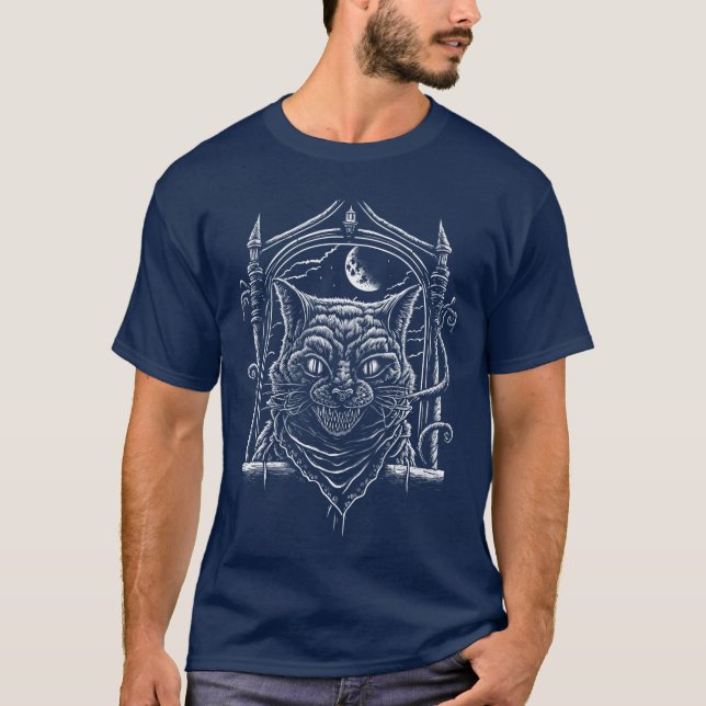 Creepy Scary Horror Cat Art Illustration Design fa T-Shirt (Front)