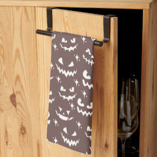 Creepy Scary Jack-O' Lantern Faces Brown Halloween Kitchen Towel