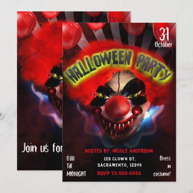 Creepy Scary Killer Clown Halloween Party Invitation (Front/Back)