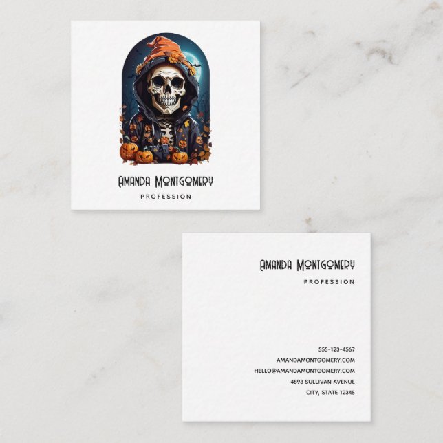Creepy Skeleton & Autumn Pumpkins Halloween Square Business Card (Front/Back)