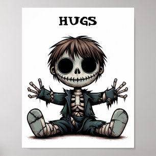 creepy skeleton boy giving hugs cartoon art poster