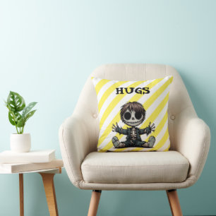 creepy skeleton boy giving hugs cartoon art throw pillow