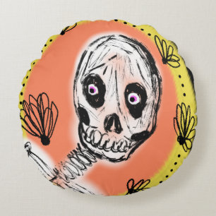 Creepy Skeleton Halloween Doodle    Round Pillow