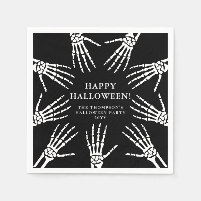 Creepy Skeleton Hand Bones On Black Halloween Napkin (Front)