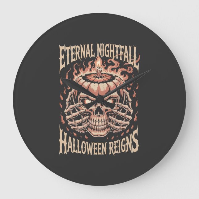 Creepy Skeleton Hands Pumpkin Skull Large Clock (Front)