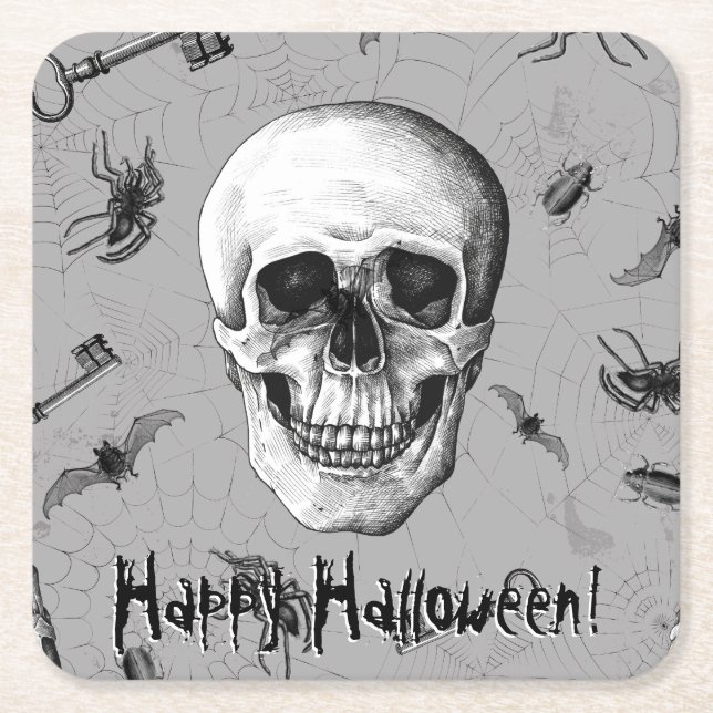 Creepy Skull and Spiders Square Paper Coaster (Front)