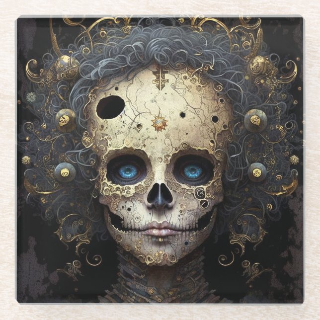 Creepy Skull Gothic Dark Fantasy Art Glass Coaster (Front)
