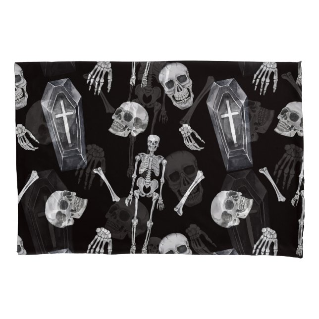 Creepy Skulls: Halloween Watercolor Pattern Pillowcase (Front)