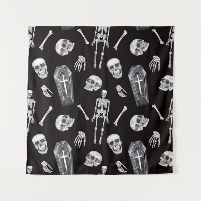 Creepy Skulls: Halloween Watercolor Pattern Tapestry (Front)