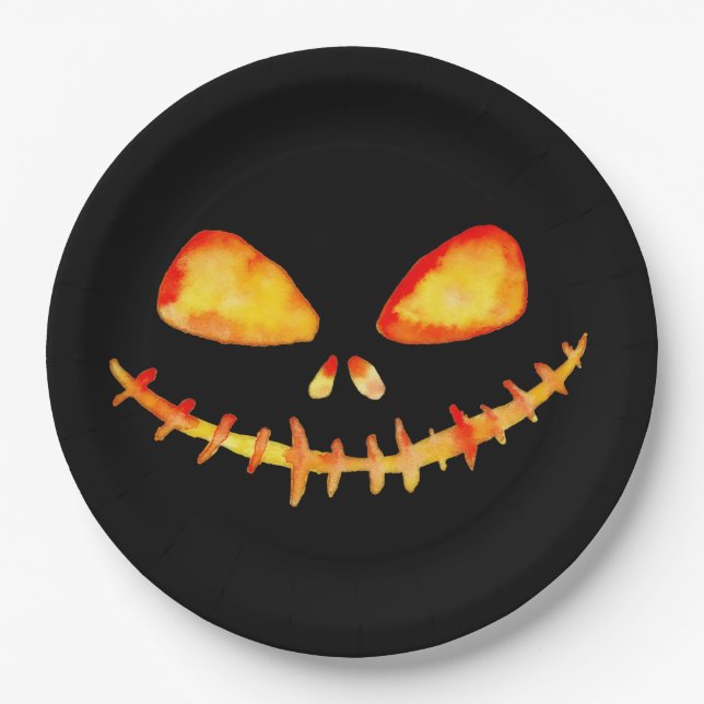 Creepy Smiling Jack O' Lantern Face Paper Plate (Front)