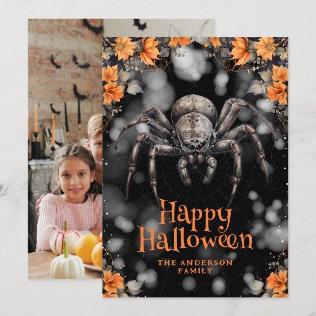Creepy Spider Floral Photo Happy Halloween Card (Front/Back)