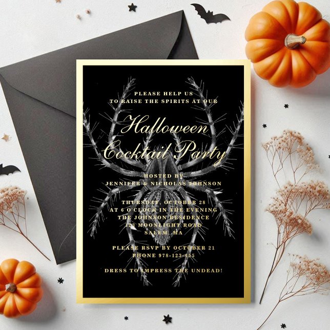 Creepy Spider Halloween Cocktail Party Gold (Creepy Spider Halloween Cocktail Party Gold Foil Invitation)