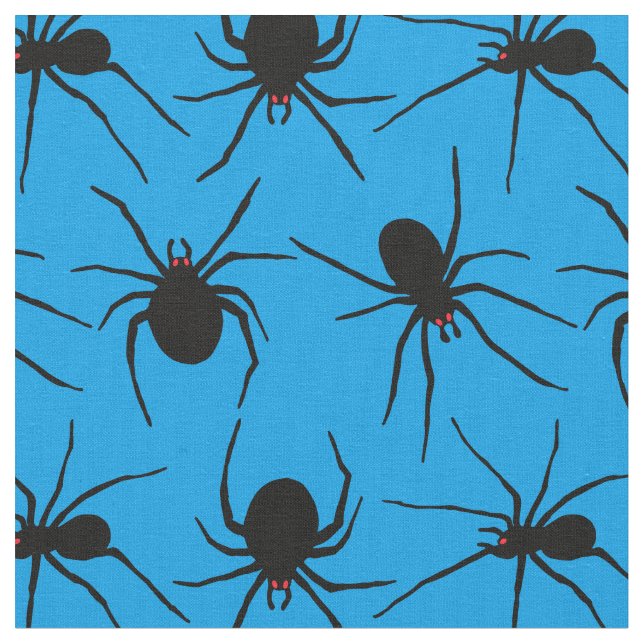 Creepy Spiders With Red Eyes Blue Patterned Fabric (Close Up)