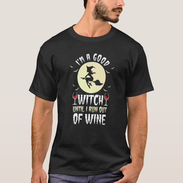 Creepy Spooky Scary Halloween Wine Witch T-Shirt (Front)