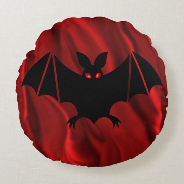Creepy Vampire Bat on Red Silk Halloween Round Pillow (Front)