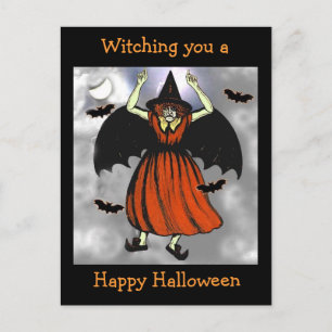 Creepy Vintage Halloween Bat Witch Postcard