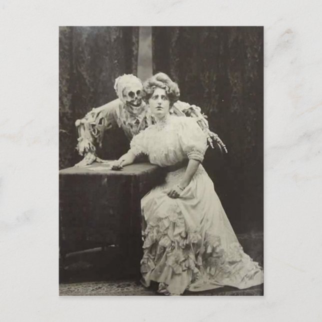 Creepy Vintage Victorian Woman with Skeleton Postcard (Front)