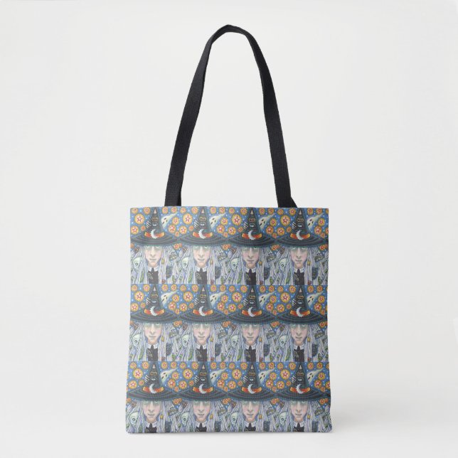 CREEPY WITCH, EVIL EYE, SKULL, SHOULDER TOTE BAG (Front)