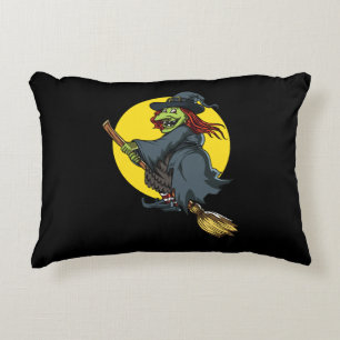 Creepy Witch Riding A Broom Halloween Party Accent Pillow