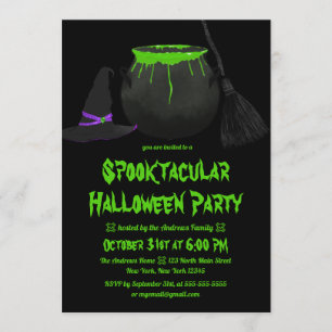 Creepy Witches Cauldron Hat Broom Halloween Invitation