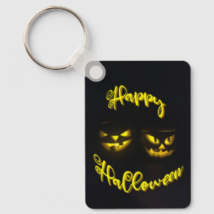 Creepy yellow glow pumpkin face Happy Halloween Keychain