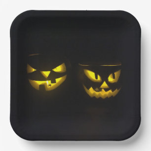 Creepy Yellow Halloween Pumpkin Face on black Paper Plate