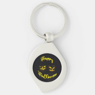 Creepy yellow pumpkin face with Happy Halloween Keychain